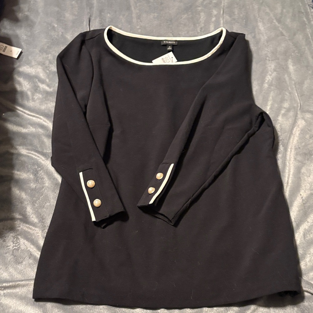 Talbots Black Long Sleeve Top with Cream Trim